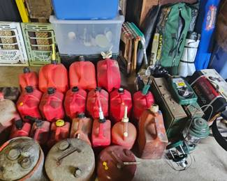 VTG metal gas cans and easy-to-use 1-5 gallon plastic gas containers; Camping equipment including tents, tarps, NIB grill, VTG Coleman stoves and lantern