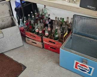 VTG hammered aluminum and VTG Pepsi cooler; VTG Coke bottles and wooden cases