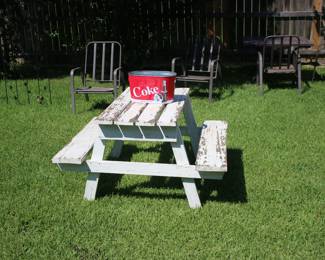 Wood Picnic Table, Coca Cola Drinks Tub