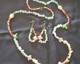 HKM027- Jade Colored Asian Style Handmade Necklace & Earrings