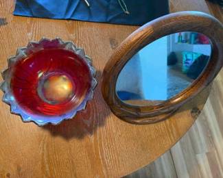 HKM012 Iridescent Carnival Bowl with Wood-Framed Mirror