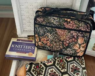 HKM063 - A Knitter’s Delight! Lots Of Yarn, Knitting Needles, Totes, & A Beautiful Wicker Hamper !