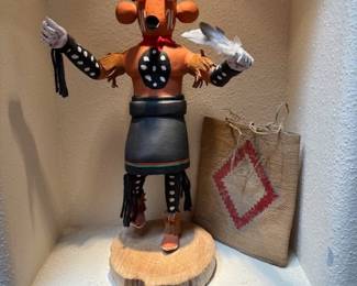 Hopi Mudhead kachina by A, Key and Nez Perce (?) bag
