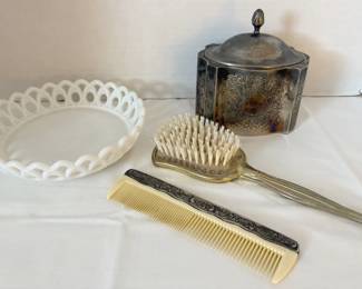 Vintage Vanity Decor Silver plated Hairbrush, Comb, And Trinket Dish