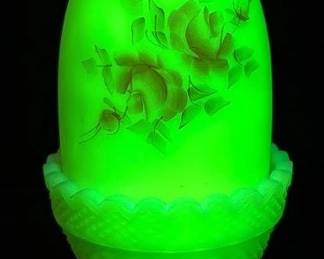 007 Fenton Uranium Custard Glass Fairy Lamp, Hand Painted