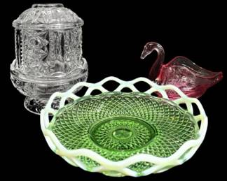 Opalescent Uranium Glass Bowl, L.E. Smith Fairy Lamp, Fenton Swan