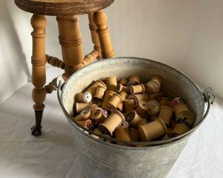 Wood Clawfoot Stool Bucket Of Wood Spools