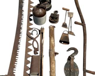Antique Hand Tools, 2 Man Saw, Sickle Scythe And More