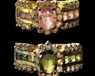 Matching Gold Rings with Pink Green Gemstones