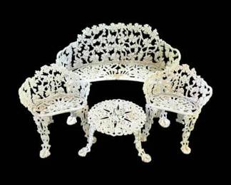 004 White Cast Iron Bench, Table, Chairs
