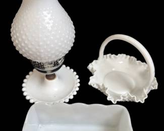 Hobnail Milk Glass Hurricane Lamp, Hobnail Milk Glass Basket, Anchor Fire King Planter