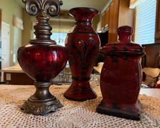 $42~ SET OF THREE CERAMIC DECORATIVE LIDDED JARS
