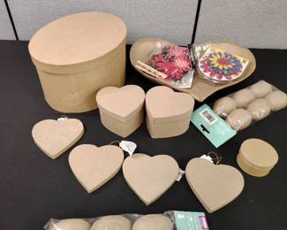 Assorted Paper Mache Craft Lot Hearts, Eggs, Boxes, and Decorations