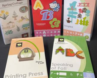 CRICUT Cartridges Hello Kitty Font, Songbird, Spring Cottage, Printing Press And Speaking Of Fall.