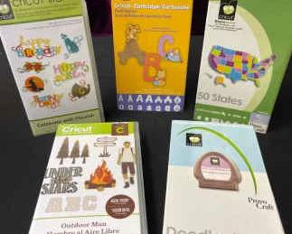 CRICUT Cartridges Celebrate With Flourish, Pooh Font Set, 50 States, Outdoor Man And Doodle Charms.