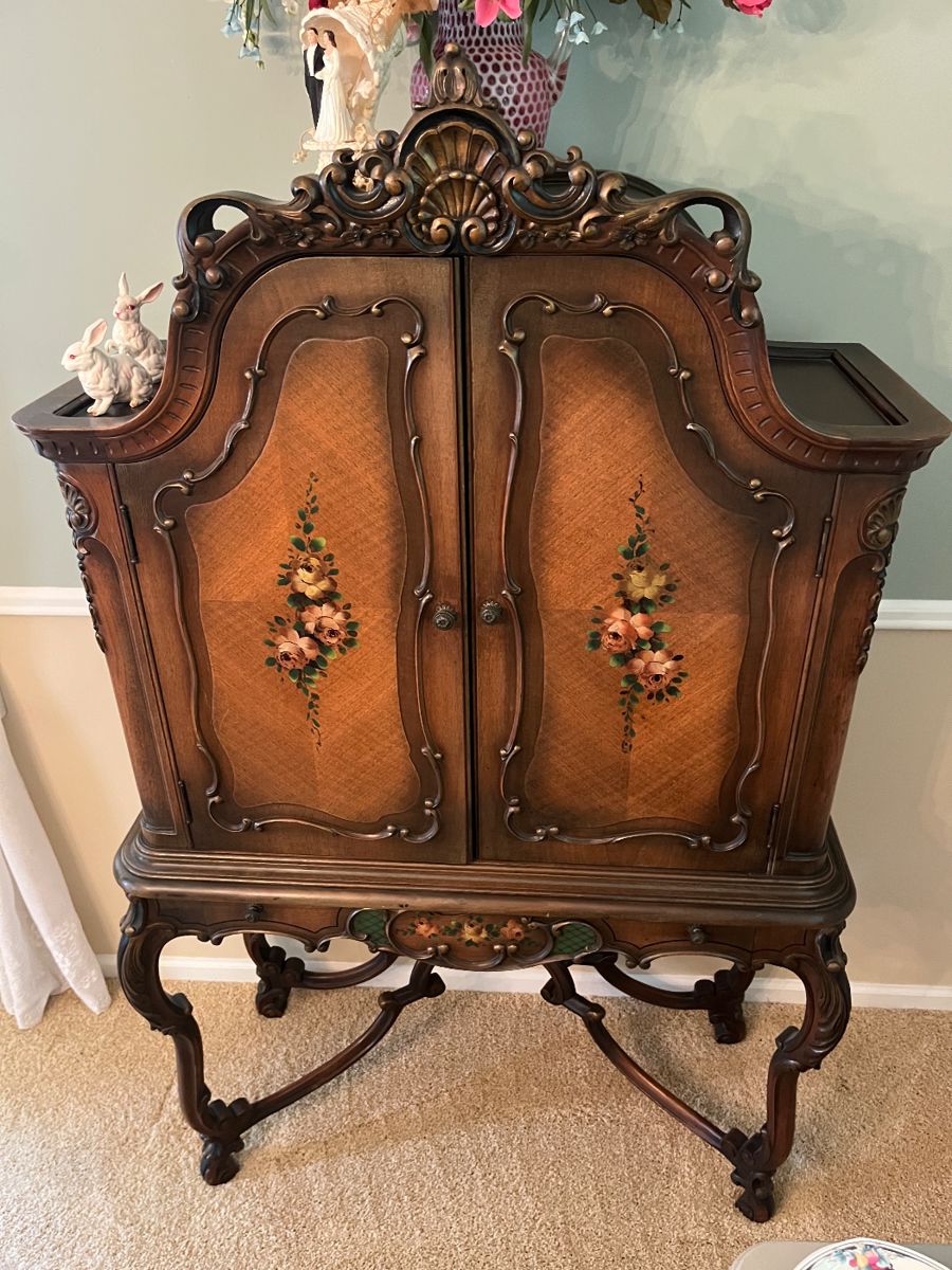 Antique French carved, figural. hand-painted bar/liquor cabinet.