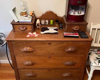 Antique three-drawer dresser w/built-in hankie-box drawers.