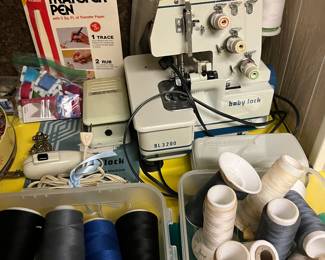 Baby Lock BL3200 serger sewing machine; many accessories and materials for sewing, needlework, etc.