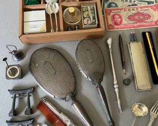 Vintage perfume and perfume bottles, currency, vanity set, etc.