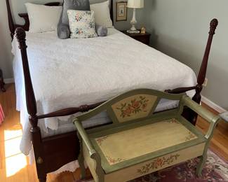 Queen-size bed, Drexel or similar, with Kingsdown mattress and box spring in very good condition; hand-painted two-person bench by fourstargroup.