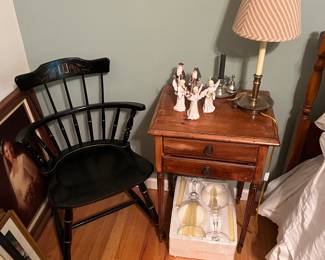 Vintage two-drawer nightstand; Nichols & Stone (or similar) hand-decorated black and gold Hitchcock-style comb-back accent chair.