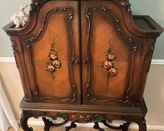 Antique French carved, figural. hand-painted bar/liquor cabinet.