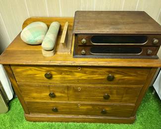 Vintage three-drawer dresser/chest; vintage two-drawer thread cabinet.