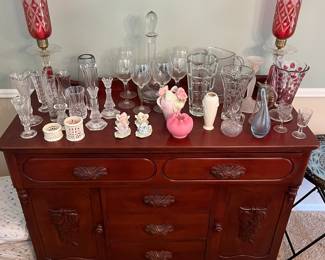 Vintage Carl Forslund American cherry sideboard; extensive selection of pottery, porcelain, china, crystal and glassware.