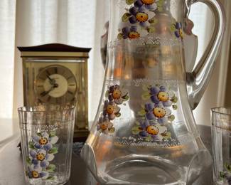 Hand Painted enamel flower lemonade pitcher with three glasses