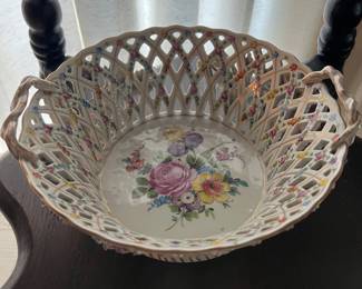 Dresden China Pierced two handled dish