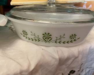 Pyrex dish with green flowers