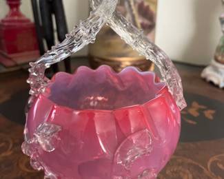Pink glass basket with applied accents