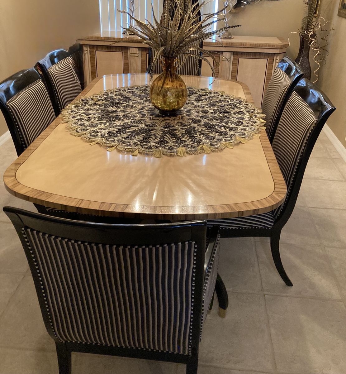 Custom Robb & Stuckey Burlwood dining room set (table, 8 chairs, and buffet). Set includes custom table pads and circular embroidered decorative scarf.