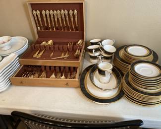 Noritake "Opulence" china; matching gold wilverware