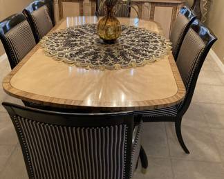 Custom Robb & Stuckey Burlwood dining room set (table, 8 chairs, and buffet). Set includes custom table pads and circular embroidered decorative scarf.