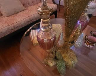 A pair of antique Moser Decanters in Persian form, large in size in Rose Cabochon
