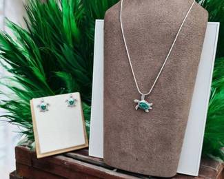Green Turtle Necklace Matching Earrings