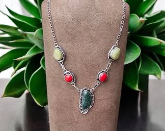 Indian Moss Agate Red Coral Necklace Tested