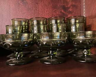 Set of Indiana Glass King Crowns Thump Print Olive Green glasses.  3 different sizes in set.   