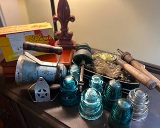 Collection of vintage odds and ends including vintage insulators and a Blue Star Railroad Headlight / Lantern. 