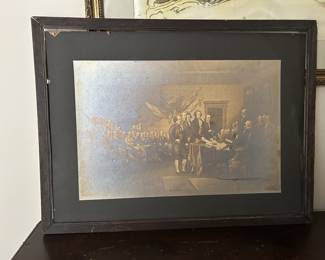 Silver-based photographic print reproduction of John Trumbull's iconic painting of the Declaration of Independence signing. An accompanying identification tag states, 'Presented by Elming Circle No. 10 Ladies of Grand Army Republic to School No. 14 November 13, 1908.'