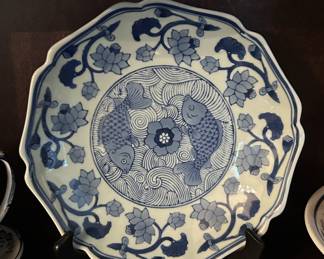 Vintage Chinese blue and white koi fish plate. 