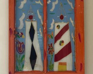 Whimsical American folk art reverse painting by nationally known artist Mary Paulsen.  No two works are alike. 