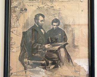1865 framed cover of Harper’s Weekly depicting President Lincoln reading to a child. 