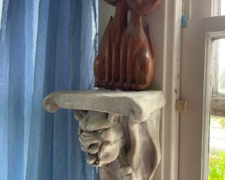 Mid Century Carved Teak Cuddling Cats Sculpture, Gargoyle Wall Shelf