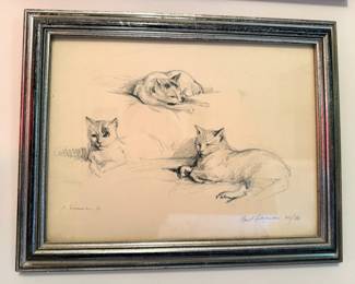 Framed 1981 Cat Pencil Drawing Limited Edition Print by Burt Silverman