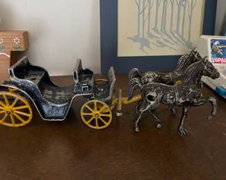 Circa 1940s Cast Iron Horse Drawn Buggy Toy