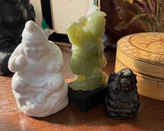 White Ceramic Japanese Lucky God Figurine, Faux Jade Ebisu God of Success Figurine, Bronze Tone Japanese Lucky God Figurine