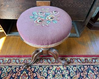 Pink Floral Needlepoint Piano Stool