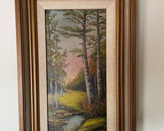 Framed Tree Lined Creek Painting